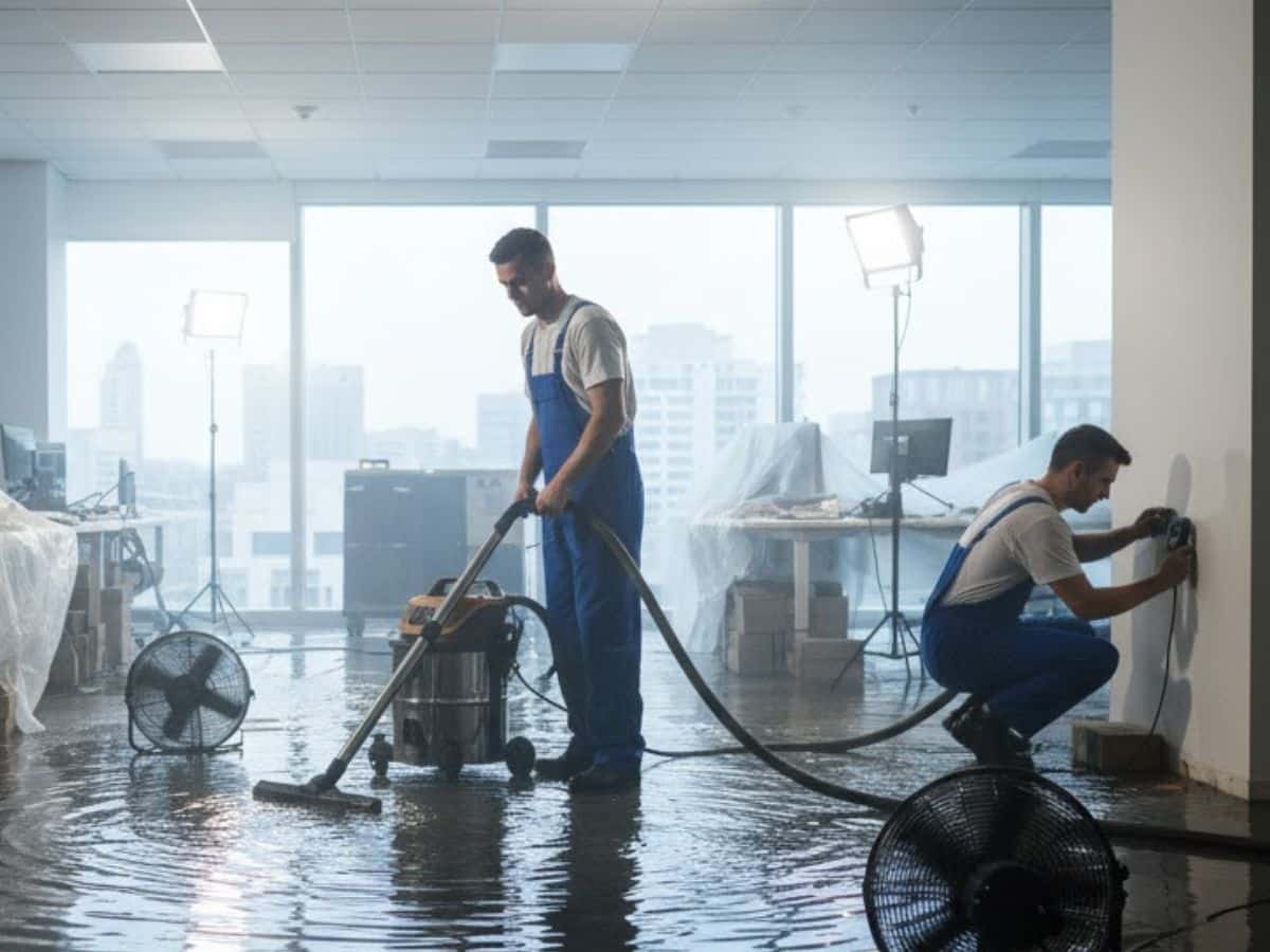 Rhino Restoration technicians performing water damage cleanup inside a property