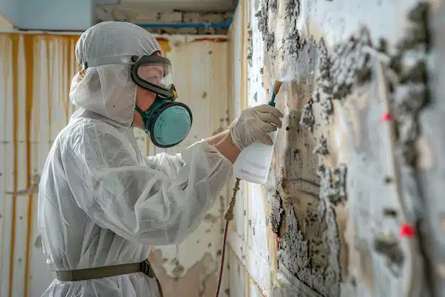 Mold remediation specialist in protective gear spraying treatment solution on mold-affected wall