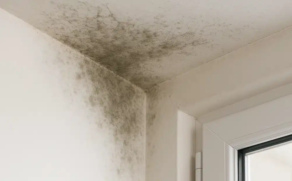 Dark black mold spreading across ceiling corner near window showing what is the difference between mold and mildew on indoor walls