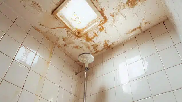 Stained moldy bathroom ceiling around the vent showing how to remove mold from bathroom ceiling caused by poor ventilation