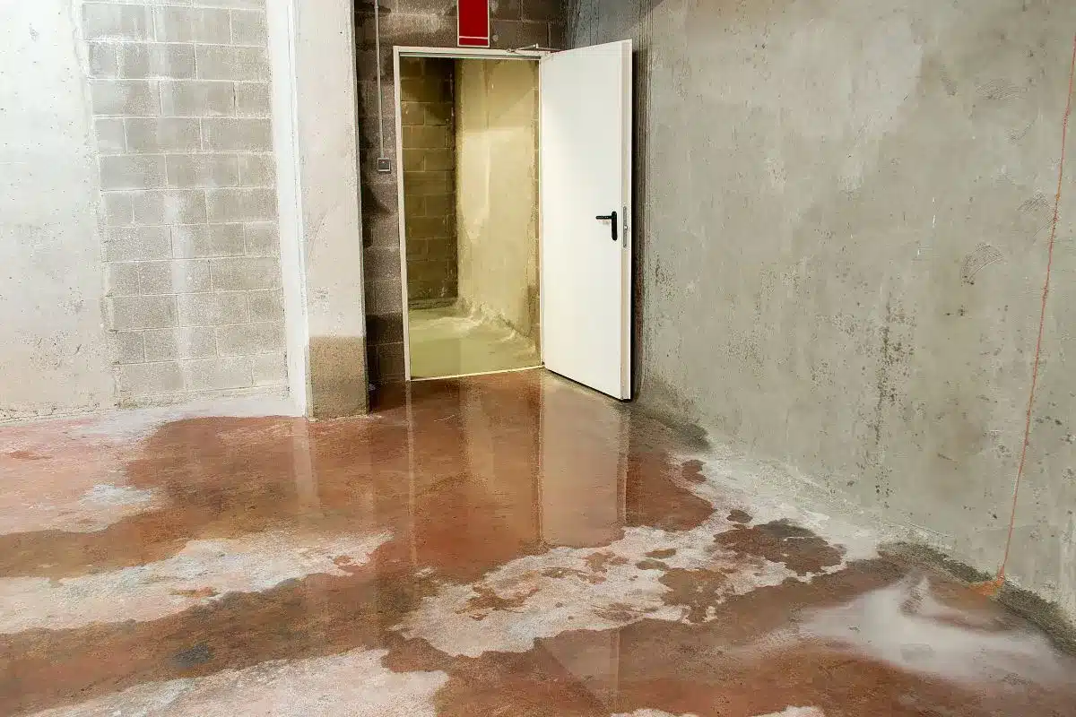 Water damage restoration timeline begins with standing water flooding a basement floor