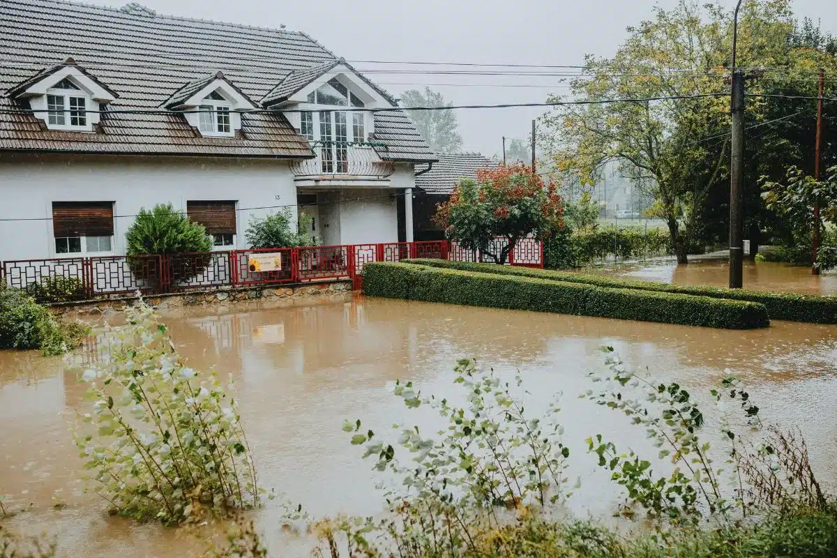 Water damage restoration timeline after a storm floods a home and surrounding yard
