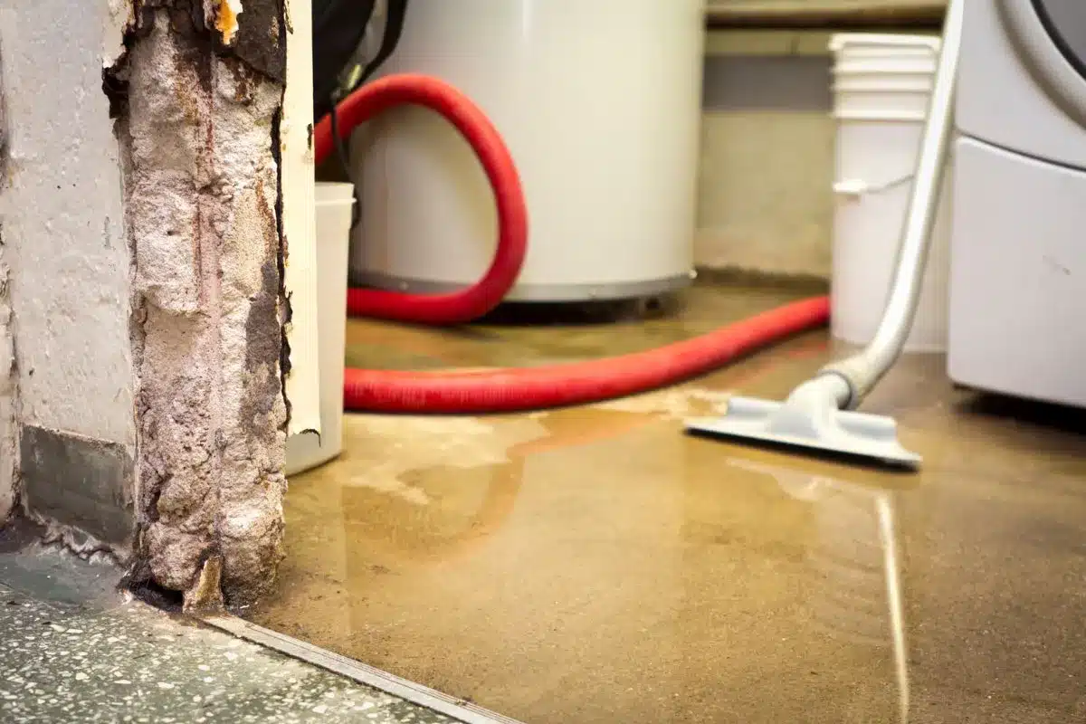 Water damage restoration timeline extraction step removing flood water near a water heater
