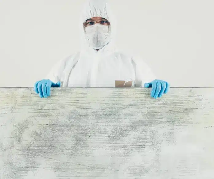 Mold specialist holding water damaged drywall as evidence, one of the top water damage insurance claim tips for Florida homeowners