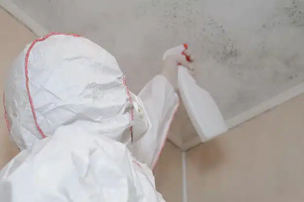 Restoration technician treating mold on a ceiling, a key step to document for water damage insurance claim tips in Florida